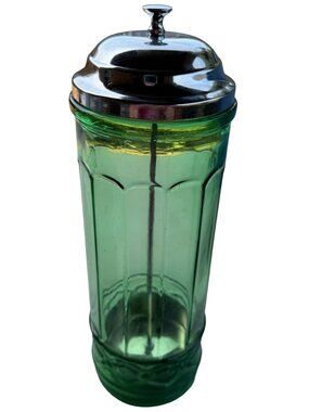 Emerald Green Ribbed Glass Straw Dispenser w/Metal Lid 10.75 in. Tall